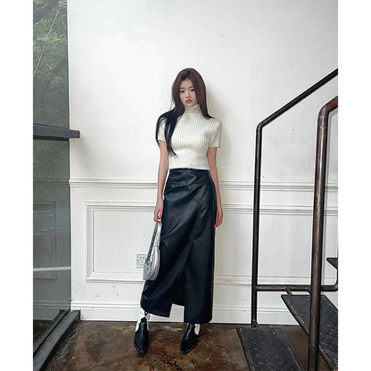 🍒Vintage faux leather skirt for women high waisted black maxi skirt with slits Y2K fashion split slim a-line  Dont Slip Up On Style Get This Split Slim Slick