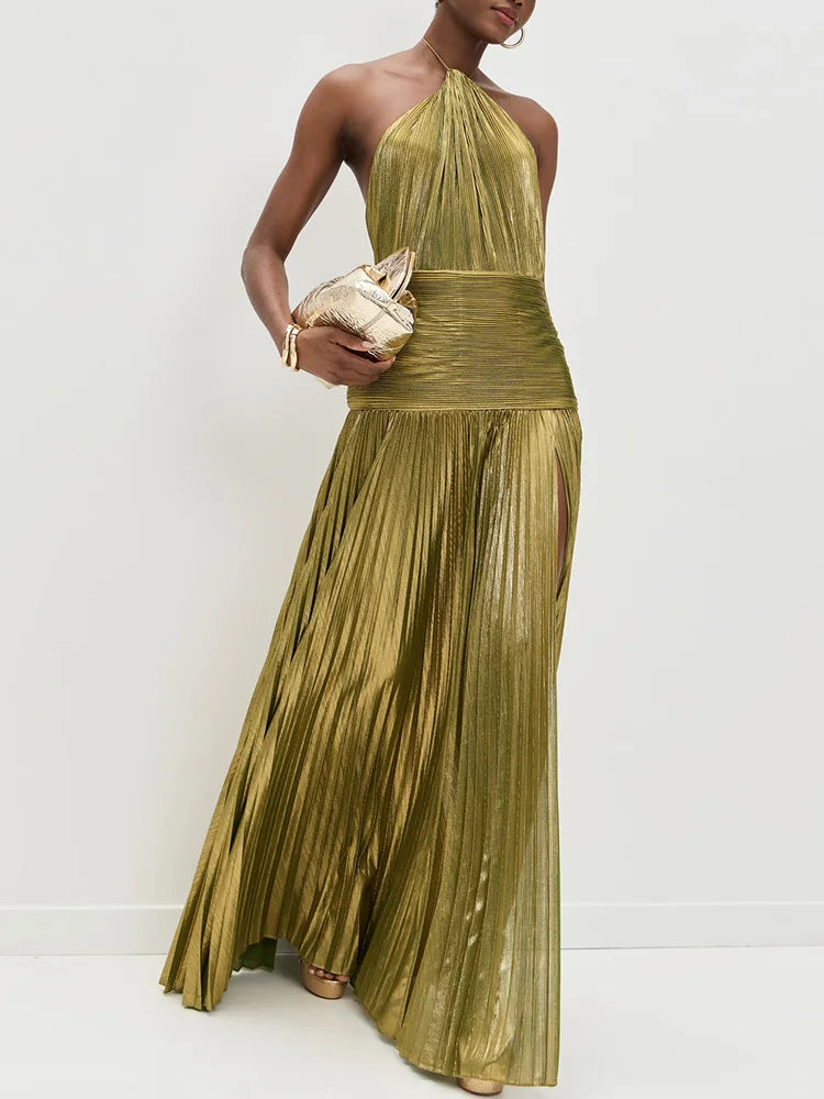 🍒Backless solid evening dress holiday party outfits halter elegant pleated maxi dress high street ladies fashion party occasion wear
