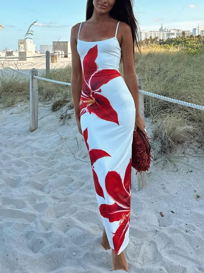 🍒 Summer printed maxi dress floral women spaghetti straps clothes holiday wear outfits backless fashion smart casual wear female long dress mini floral