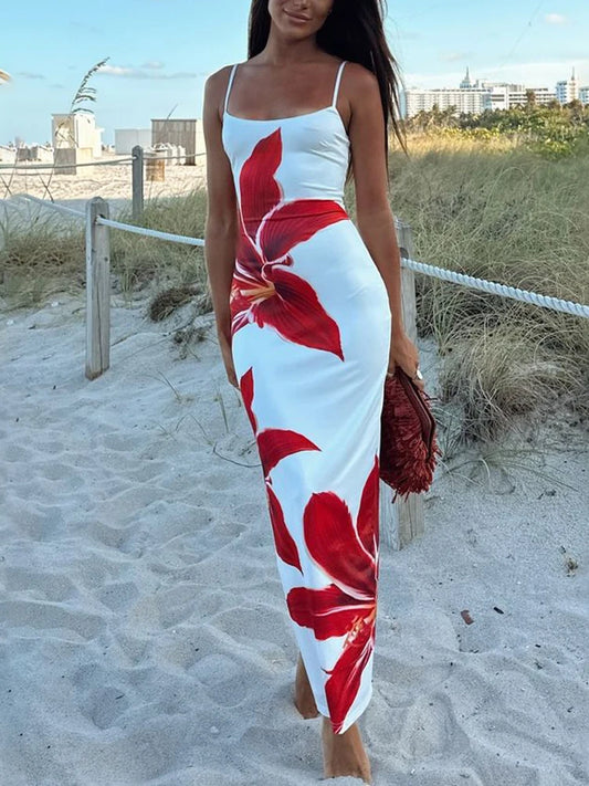🍒 Summer printed maxi dress floral women spaghetti straps clothes holiday wear outfits backless fashion smart casual wear female long dress mini floral