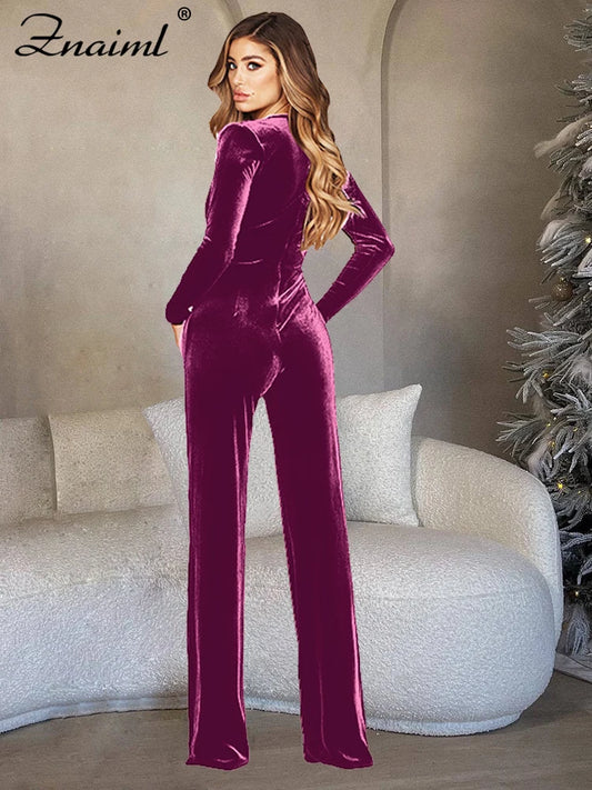 🍒 Velvet jumpsuit black and colours women's autumn winter v- neck jumpsuit outfit solid colour long flare leg one piece office lady clothing