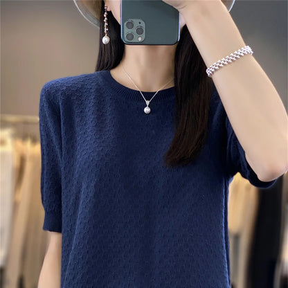 🍒Womens textured t-shirt summer cotton tops short sleeve solid colour tee round neck loose blouse casual clothing