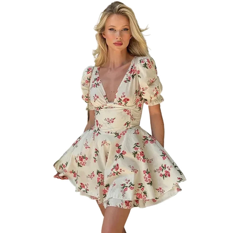 🍒Elegant party dresses for women vintage rose floral a-line outfit mini summer clothing wear with fitted waist printed v -neck short puff sleeve layered smart casual clothes beach party wear Mini Rose Pose