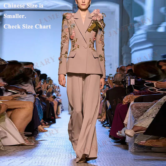 🍒Luxury two piece set womens blazer suit coat beaded 3D flower Jacket plus long wide leg pants suit crystal formal outfits party occasion clothing Don A Diva 3D