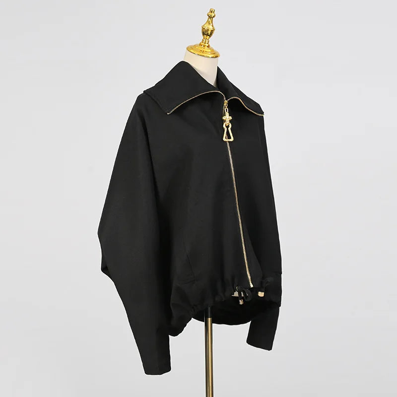 🍒Oversized zipped coat women's fashion solid color long sleeve casual drawstring jacket black designer style spring autumn clothing   Big Up To Oversized Cool
