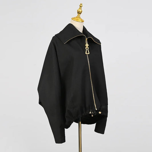 🍒Oversized zipped coat women's fashion solid color long sleeve casual drawstring jacket black designer style spring autumn clothing   Big Up To Oversized Cool