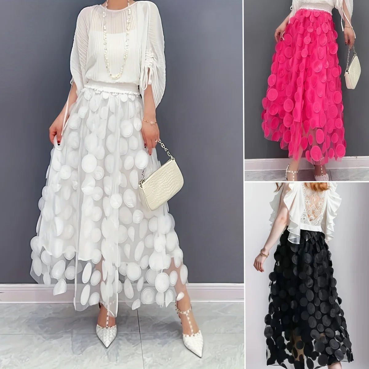 🍒Womens polka dot 3D design tulle mesh skirt retro elastic waist long length a-line occasion wear beach party wear street fashion feminine street wear You Will Be Dotty About These Spots