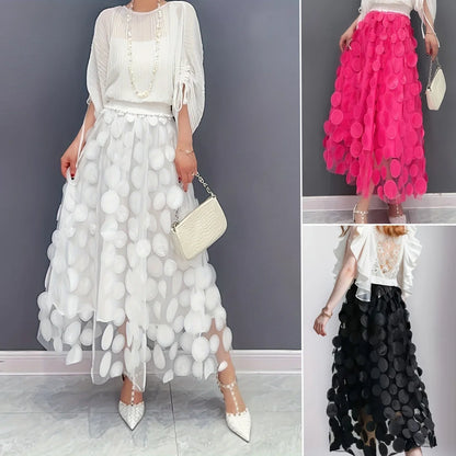 🍒Womens polka dot 3D design tulle mesh skirt retro elastic waist long length a-line occasion wear beach party wear street fashion feminine street wear You Will Be Dotty About These Spots