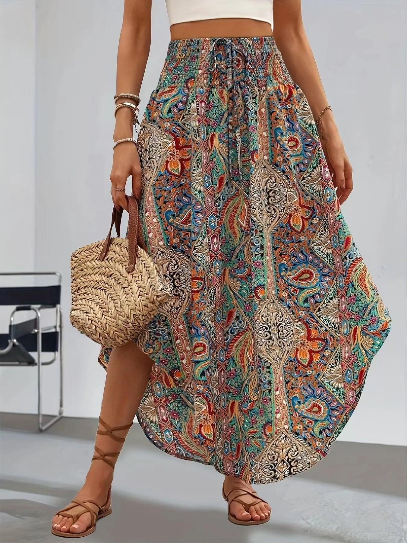 🍒Boho vintage skirt a-line midi floral print clothes fashion wear for women summer wear  High waist Pleated elastic waist Long Skirt casual holiday wear Get A Chiffon And Get A Chevron