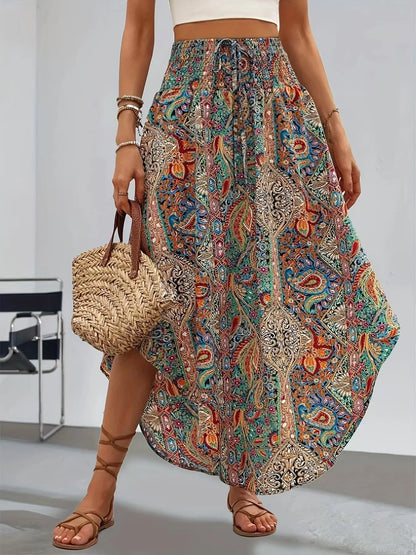 🍒Boho vintage skirt a-line midi floral print clothes fashion wear for women summer wear  High waist Pleated elastic waist Long Skirt casual holiday wear Get A Chiffon And Get A Chevron