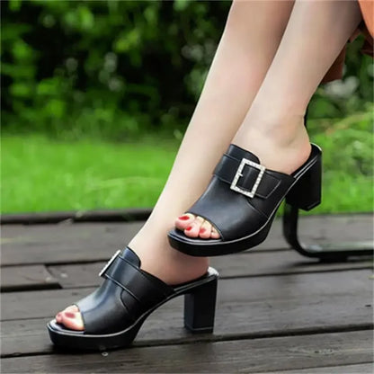 🍒Genuine leather block heel sandals summer square buckle sandals mules large Size shoes 35 -41 Women's mid heels fashion footwear