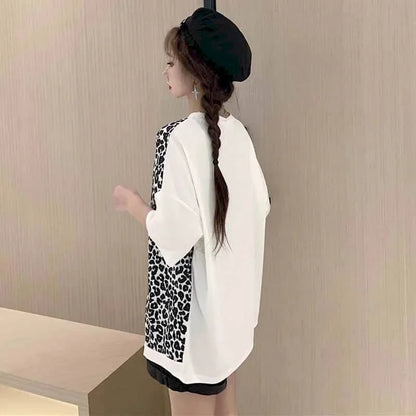 🍒Leopard patchwork t-shirt for women short-sleeved top loose  top shirt female fashion clothing  women casual clothes Print Animal Style