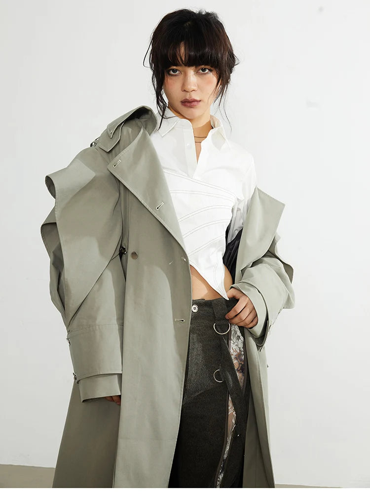 🍒Long oversized trench coat elegant ruffled outerwear for women double breasted luxury designer overcoat runway fashion  Trendy Travel Trench Classic Comfort