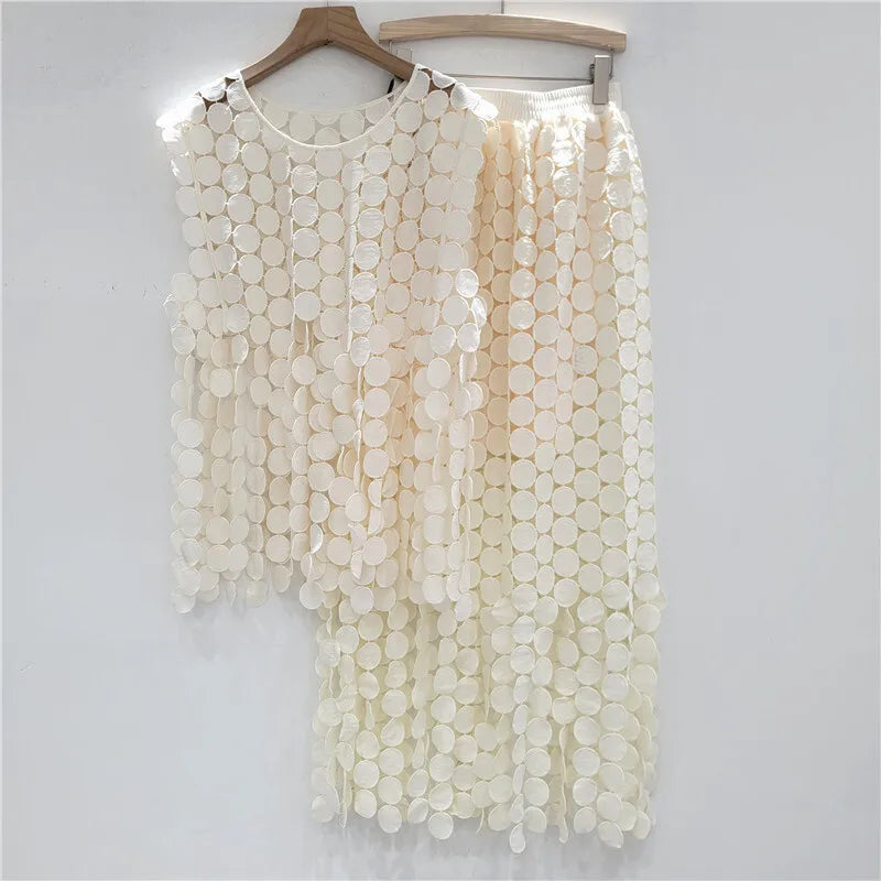 🍒Summer two-pieces set loose  lace vest and high waist elastic skirt smart casual women female occasion wear party outfit Get A Lot Dot