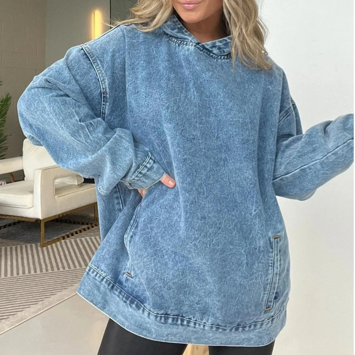 🍒Denim hoodie jeans pullover for women hooded Y2k asthetic distressed top washed loose outer garment casual clothing