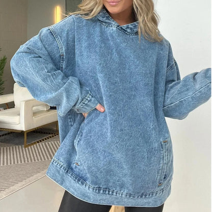 🍒Denim hoodie jeans pullover for women hooded Y2k asthetic distressed top washed loose outer garment casual clothing