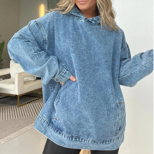 🍒Denim hoodie jeans pullover for women hooded Y2k asthetic distressed top washed loose outer garment casual clothing