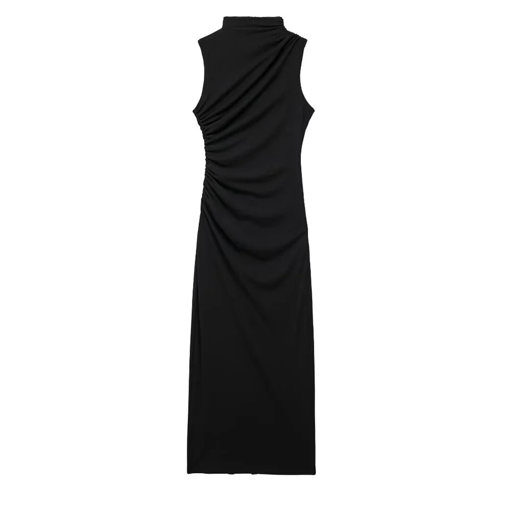 🍒Summer women's fashion solid colour ruched dress party occasion clothing midaxi outfit sleeveless