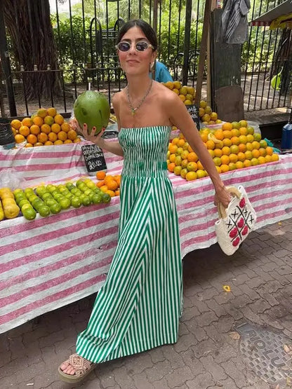 🍒Striped tube dress a line fashion maxi outfits for women trendy holiday wear beach wear striped summer clothes
