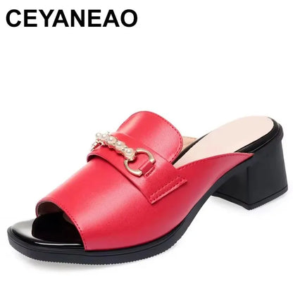 🍒Women sandals genuine leather summer square toe buckle block heels slides with chunky heels size 41 42 large footwear fashion