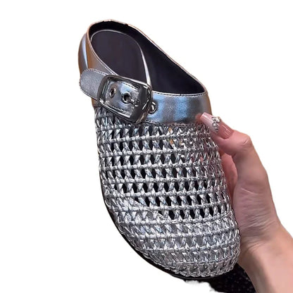 🍒Closed toe buckle sandals slide shoes womens elegant breathable  summer mesh mules rhinestone retro smart casual chic outdoor slippers