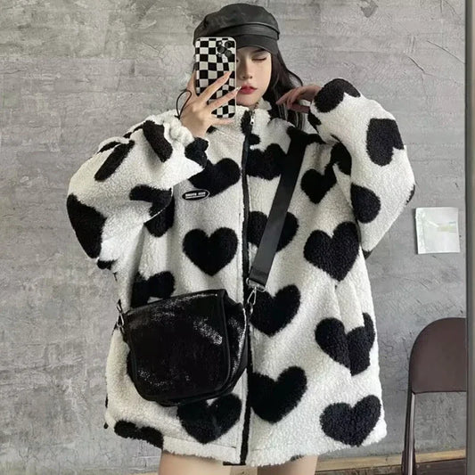🍒Fashion Stand-up Collar OutwearFaux lambswool fur jacket women's warm coat autumn winter outerwear for women heart print stand collar coat Ya Hearts Printed On This