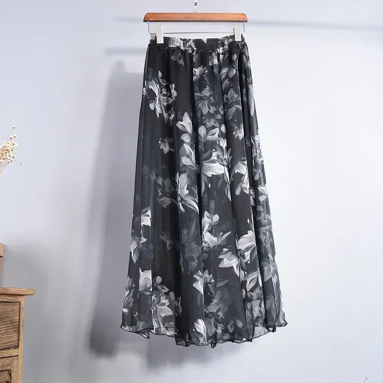 🍒Vintage bohemian long skirt full elegant chiffon fashion beach wear smart casual women high waist maxi skirt outfit summer Clothing Fill Your Basket With Roses