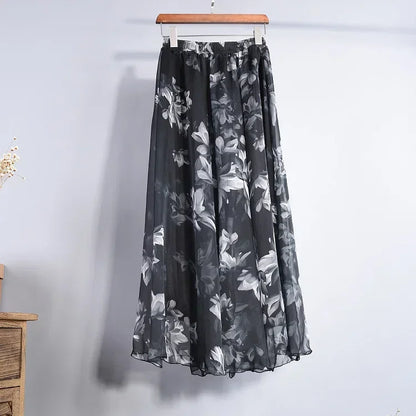 🍒Vintage bohemian long skirt full elegant chiffon fashion beach wear smart casual women high waist maxi skirt outfit summer Clothing Fill Your Basket With Roses