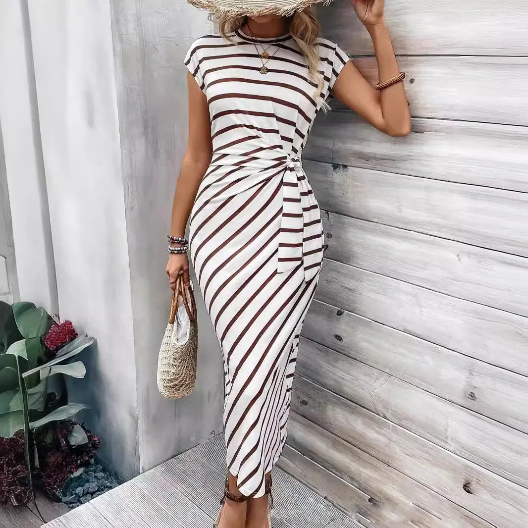🍒Round neck striped dress long outfits for women summer fashion wear clothing high-end smart casual tie waist  outfit Play Smart And Look Smart In Smart Casual Stripes Sign This Line