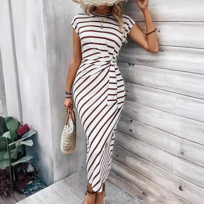 🍒Round neck striped dress long outfits for women summer fashion wear clothing high-end smart casual tie waist  outfit Play Smart And Look Smart In Smart Casual Stripes Sign This Line