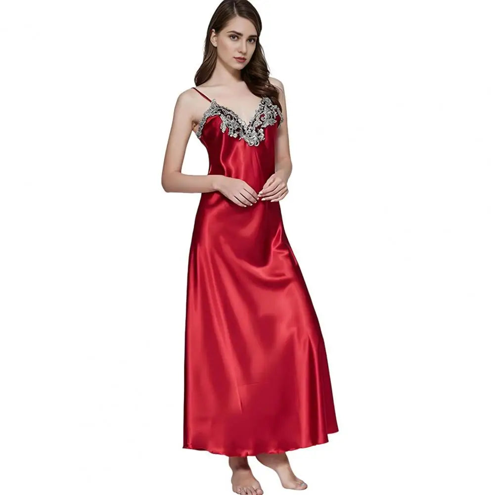 🍒Satin sleepwear for women house sleepwear dress gown wth spaghetti strap loose lingerie lace trim nightwear elegant maxi sleepwear chemise nightdress with v neck front and back Luxurate Lovely Lingerie Luxurate