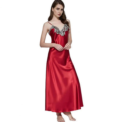 🍒Satin sleepwear for women house sleepwear dress gown wth spaghetti strap loose lingerie lace trim nightwear elegant maxi sleepwear chemise nightdress with v neck front and back Luxurate Lovely Lingerie Luxurate