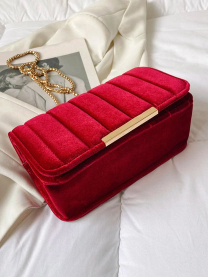 🍒Velvet square bag red shoulder crossbody bag fashion dating gift Bag with chain strap for women evening clutch for occasion     RED- irect Your FASHION