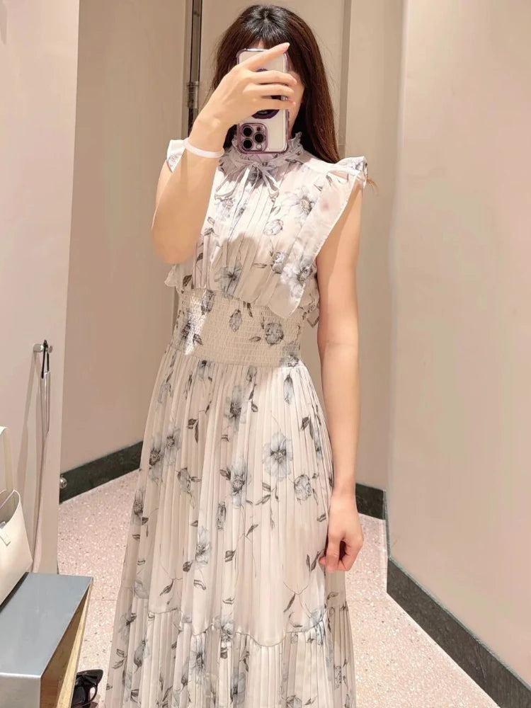 🍒Mid-length dresses for women printed high waisted outfit gentle literary pleated slim exquisite outfit smart casual flloral clothing