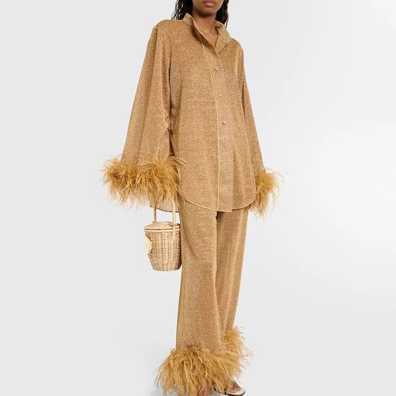 🍒Women's stand collar long sleeve blouse and pant set suit with feather trim elegant glitter button up shirt and trousers solid outfits autumn fashion party set occasion wear Tuck Turkey In Your Trolly Totally