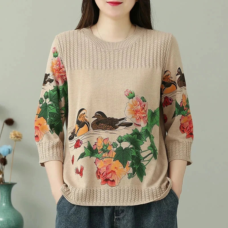 🍒Vintage print pullover loose And versatile knitted sweater women womens spring and summer tops  3/4 sleeve cotton autumn clothing Jump-er On The Flower Tree Top