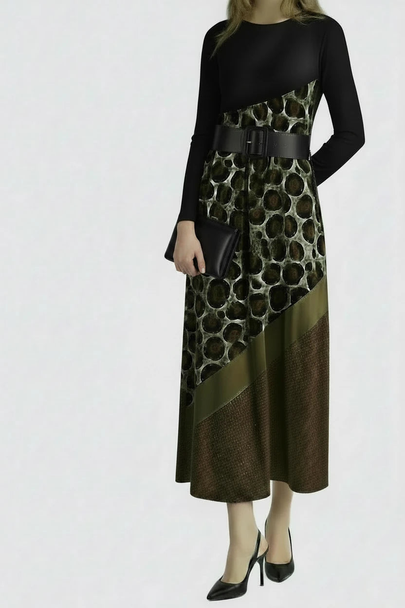 🍒Plus size elegant dress glitz and  leopard print v-neck dress stretch slim a-line outfit with long sleeves casual clothing for women   fashion maxi outfit Walk Bold Never Avoid An Animal