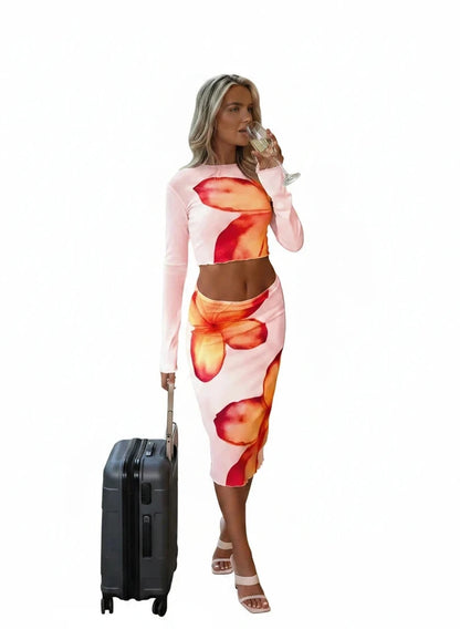 🍒Skirt and t-shirt 2 Piece long sleeve o-neck casual slim fit t-shirt crop top floral print fashion set party wear