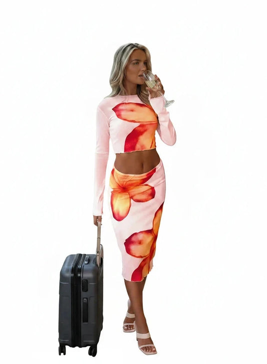 🍒Skirt and t-shirt 2 Piece long sleeve o-neck casual slim fit t-shirt crop top floral print fashion set party wear