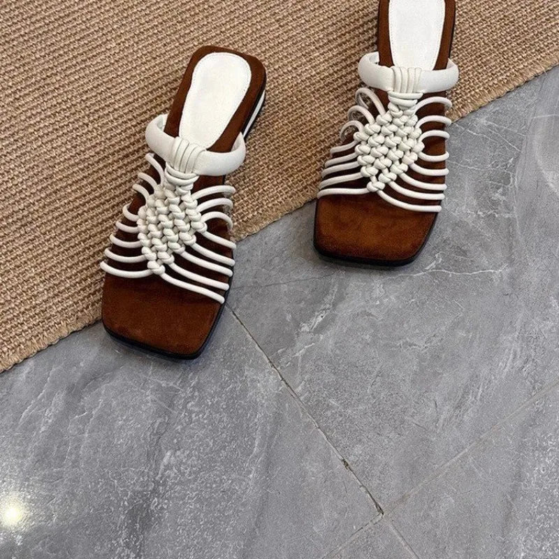 🍒String sandals woven strap slipper shoes summer square toe sandels woven non-slip wear-resistant low heel shoes for women