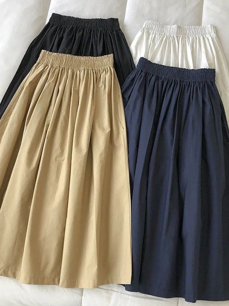 🍒Pleated knee length skirt with pockets womens white long skirt simple fashion summer wear smart casual clothing everday essensial wear every day wear elegant high waist a-line female skirt outfit Simply Easy