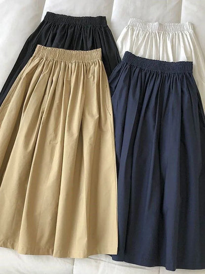 🍒Pleated knee length skirt with pockets womens white long skirt simple fashion summer wear smart casual clothing everday essensial wear every day wear elegant high waist a-line female skirt outfit Simply Easy