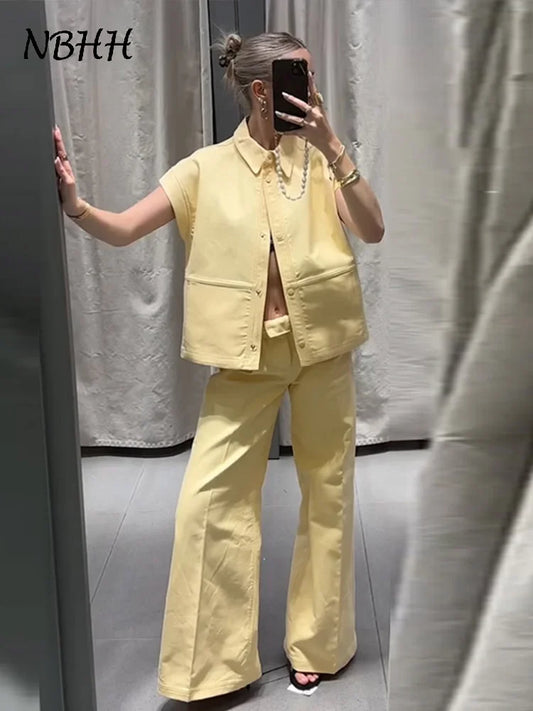 🍒Street style vest outfit with wide leg pants and short sleeve oversized jacket sets collar single-breasted waistcoat  women wide leg trousers summer casual outfits No PANTing in This SLEEVELESS