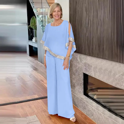 🍒Two-piece suit o-neck top and pants set for women summer fashion sequin bat wing top wide leg trousers occasion party wear Get Hold Of A Cold Shoulder And Warm Your Heart