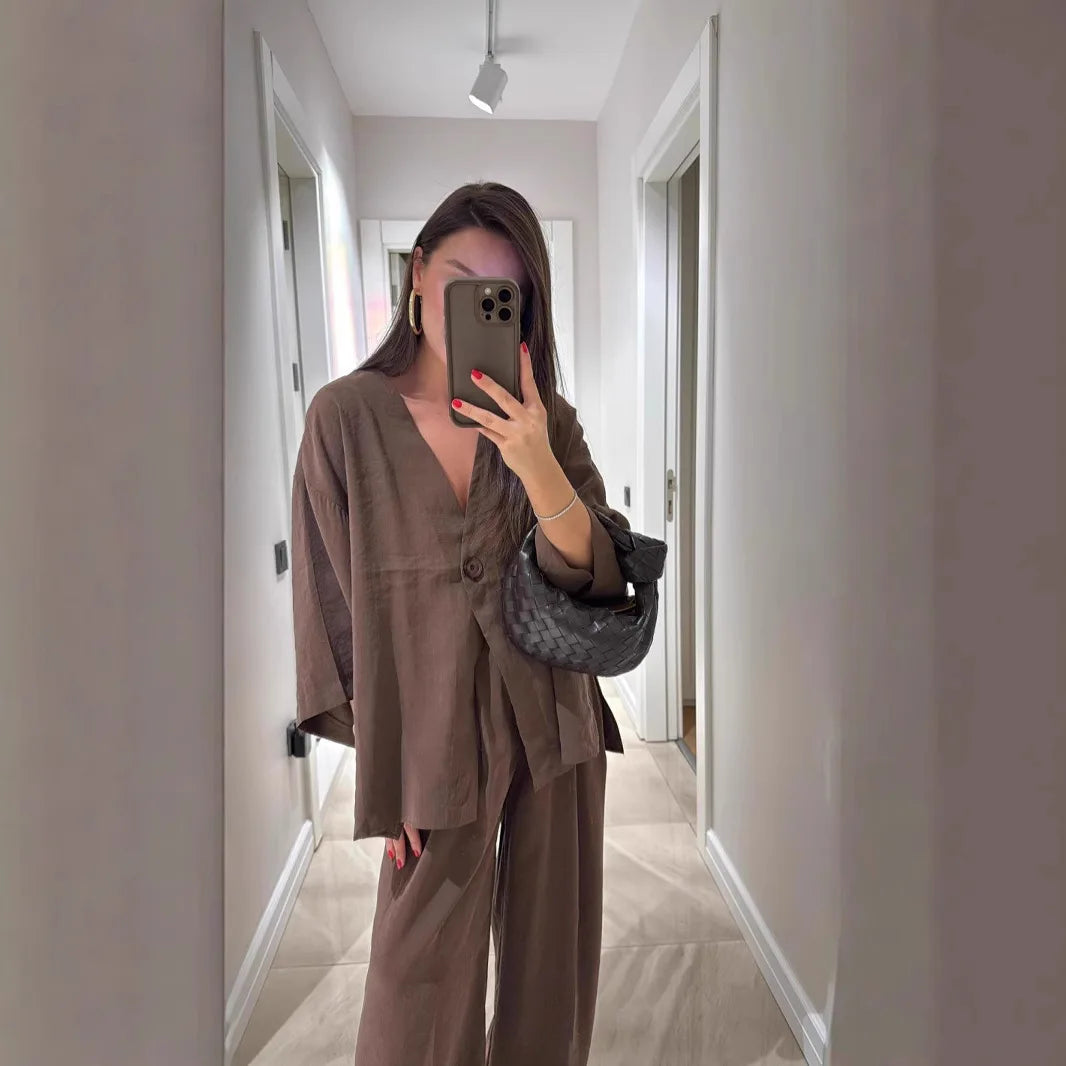 🍒Casual trouser suit for women elegant long sleeve outfit single colour wide leg pants and jacket   set spring summer fashion loose two-piece Partying Pjs