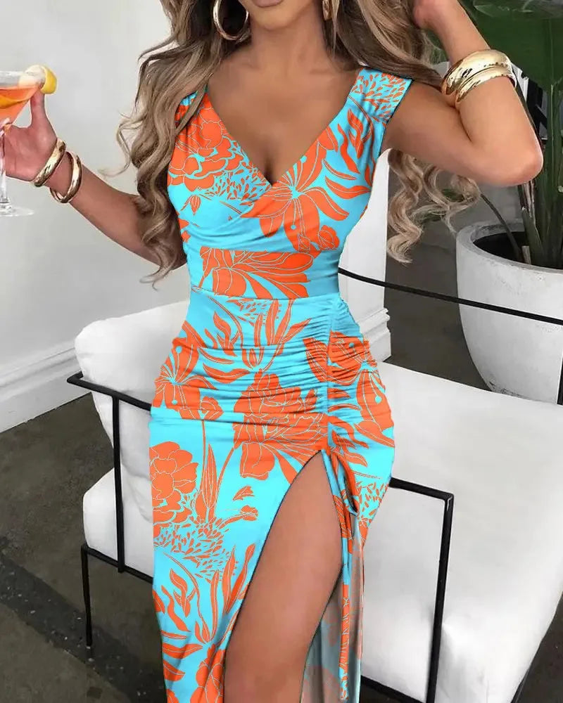 🍒Summer print dress fashion smart casual clothes for women elegant v-neck sleeveless bodycon dress with split front beach party wear Print Your Summer Print