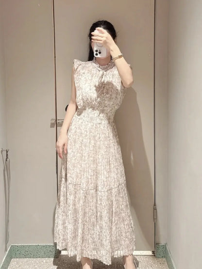 🍒Mid-length dresses for women printed high waisted outfit gentle literary pleated slim exquisite outfit smart casual flloral clothing