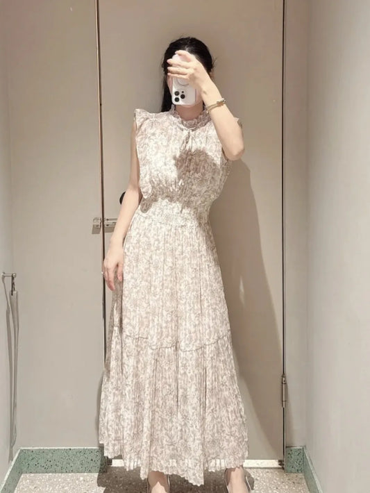 🍒Mid-length dresses for women printed high waisted outfit gentle literary pleated slim exquisite outfit smart casual flloral clothing