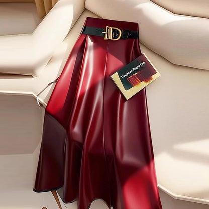 🍒Red pu skirt high end goddess fashion a-line leather midi mid length umbrella skirt occasion party wear Get A Little Bottle with A Burgundy