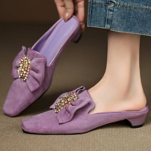🍒Natural suede black flat mules with bow front slip on shoes for women leather square toe kitten heels flats summer footwear with crystal buckle flats 3cm kitten heel occasìon parry shoes Dont Slip On Slippers